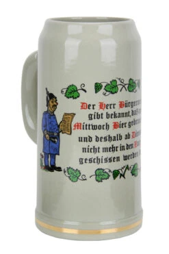 German "Purity Law" Stoneware Beer Mug 1 Liter